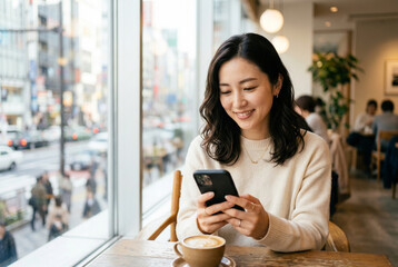 Fototapeta premium カフェでスマホを操作する女性 Generative AI