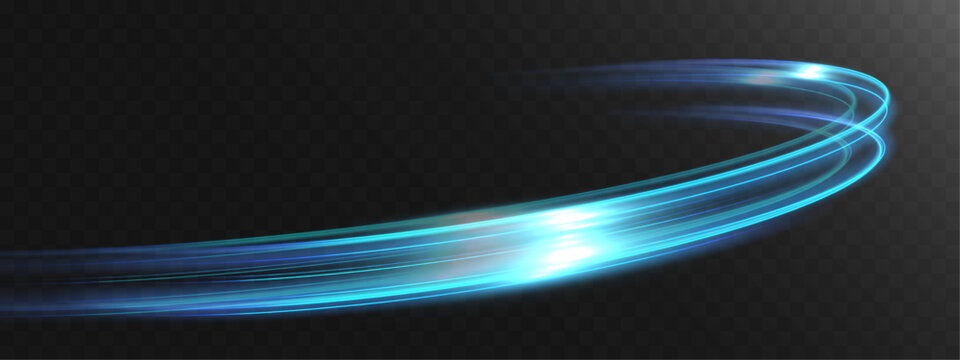 Bright blue neon light trail forming smooth curved motion streak with glowing highlights, isolated on transparent background, dynamic energy effect for futuristic overlays and digital design.
