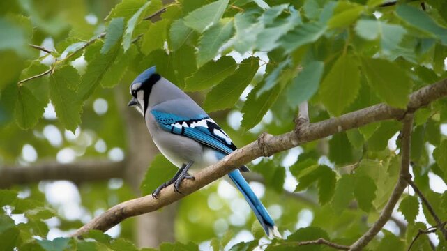 Vibrant blue jay bird gracefully perched on a sturdy tree branch amidst lush green foliage, showcasing its striking plumage in a serene natural setting, perfect for wildlife education and
