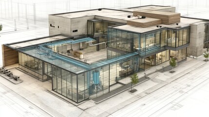 Fototapeta premium Modern architectural sketch of a multi-level building with extensive glass walls and a flat roof, showing detailed exterior design and layout.