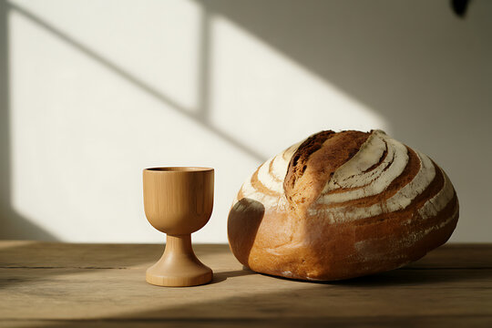 Artisanal bread, wooden chalice, rustic still life, warm sunlight