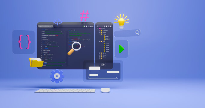 3D render of software development concept with code editor interface, folders, and programming icons on blu background. Digital workspace for web design, app coding, and AI technology.