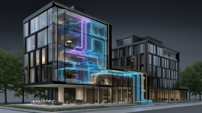 Modern office buildings illustrated with digital wiring overlays, highlighting integrated technology and architectural design in an urban setting.
