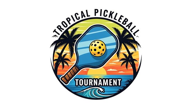 Tropical Pickleball Tournament Logo with Palm Trees and Sunset Design.