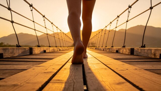 Person walking on wooden bridge at sunset