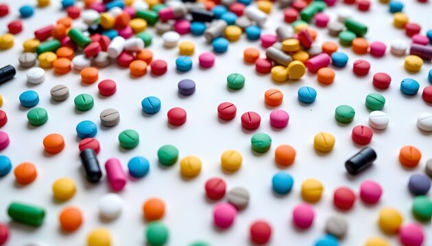 Colorful Medication Capsules and Tablets Spread White Surface