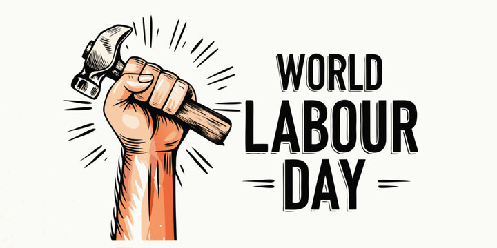 A hand gripping a hammer with the text world labour day displayed
