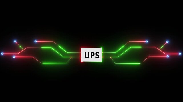UPS power technology system with glowing circuit lines illustrating backup energy supply and digital control interface on dark background 4k visuals