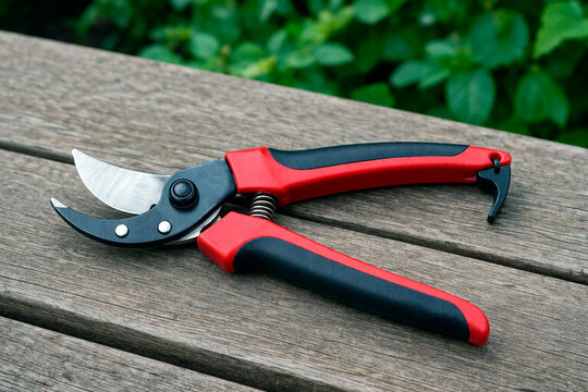 Garden pruners on a wooden surface. Professional secateurs for trimming plants. Red and black gardening hand tools on a rustic wood background