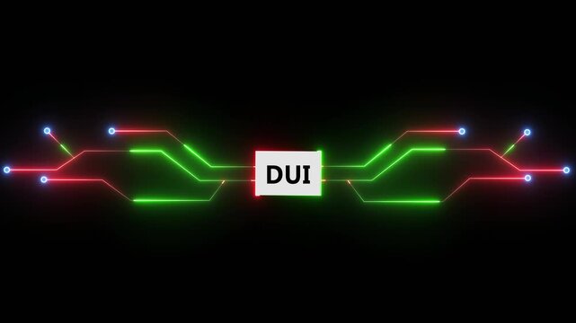 DUI driving safety technology interface with glowing circuit lines representing control system and digital monitoring connection on dark background 4k animation video