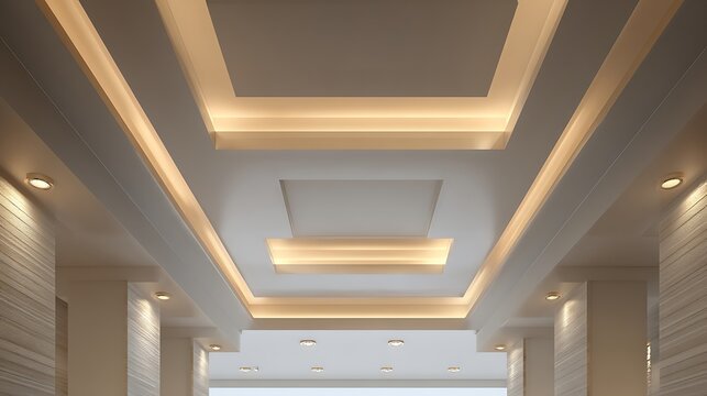 Elegant false ceiling with integrated warm lighting creating a modern geometric design in an interior space.