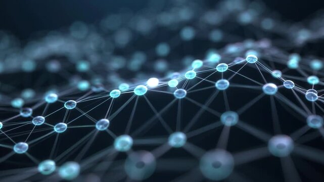 Glowing interconnected nodes in abstract style on dark background representing digital connectivity and data flow