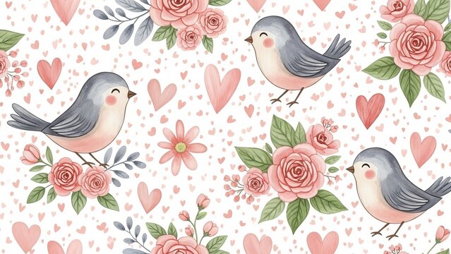 Cute blue birds surrounded by pink roses and decorative hearts