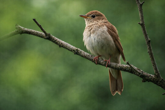 ​A thrush nightingale is sitting on a branch in the forest on a summer morning