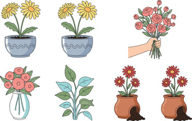 Fototapeta premium Hand drawn flowers and bouquet vector set featuring daisies in pots, floral bouquet in hand and decorative blooming plants illustration
