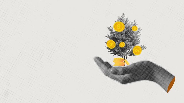 Halftonr art collage hand with a tree growing on a row of coins as a symbol of financial development and business growth.