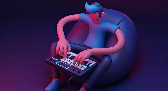 3D Character Musician Playing MIDI Controller on a Beanbag Chair Creating Electronic Beats in a Neon Studio Environment Digital Art