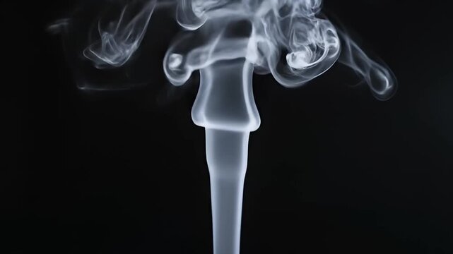 White smoke plume forming mushroom shape against black background