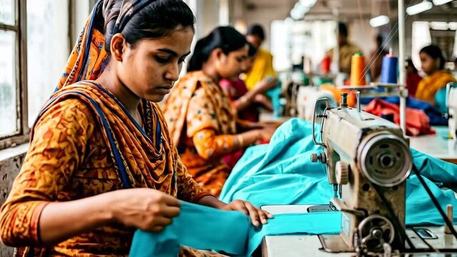 Young woman sewing turquoise fabric at industrial machine in busy garment factory