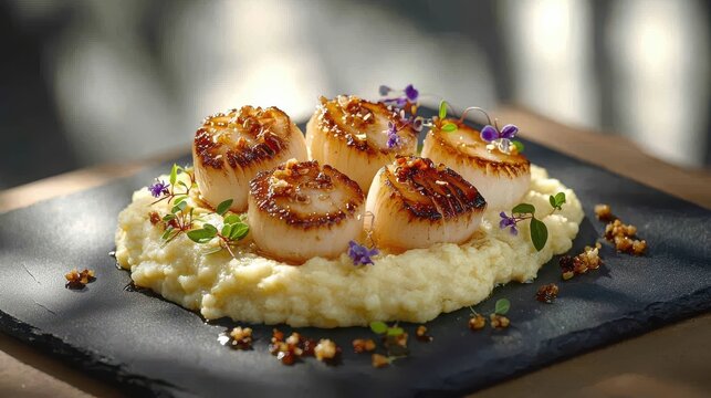Professional seared sea scallops with golden caramelization showcasing umami profile on creamy puree garnished with purple microgreens on elegant slate plate
