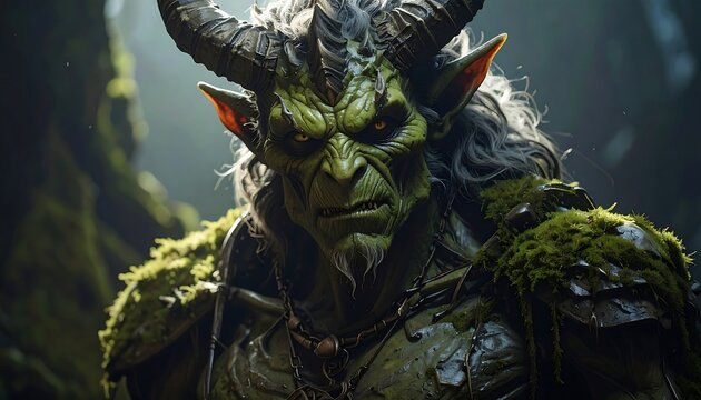 A green-skinned horned creature with mossy armor in a dark forest