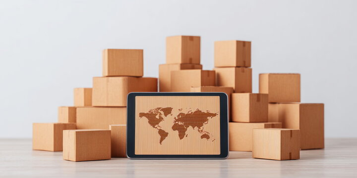 Dropshipping Business Setup With Digital Tablet Displaying World Map Cardboard Boxes For Global Shipping Logistics