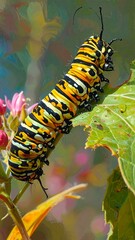 Obraz premium A caterpillar on a leaf with flowers