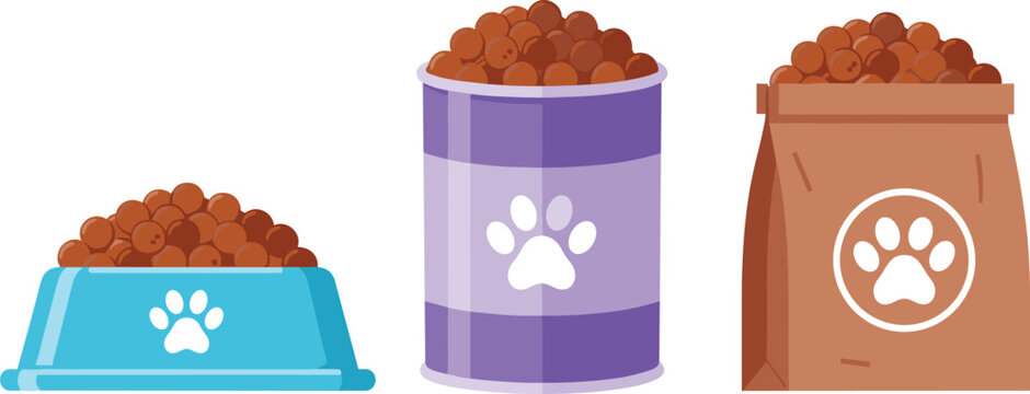 Pet food containers with kibble bowl can and bag packaging vector illustration set isolated on white background for animal nutrition design