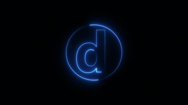 Neon blue lowercase letter d glowing with rounded outline in minimal typography style showing alphabet character design on dark background 4k animation video