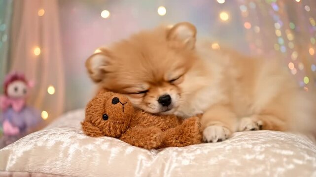 Cute Pomeranian dog puppy sleeping with teddy bear, lying on pillow with bokeh lights.