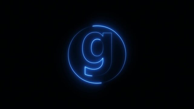 Blue neon lowercase letter g with glowing circular outline forming clean alphabet typography character in modern digital style on dark background 4k visuals