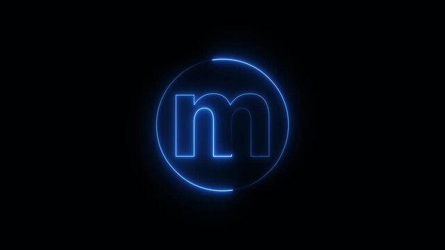 Neon glowing lowercase letter m with blue circular light outline in smooth typography style representing alphabet character on dark background transparent background 4k visuals