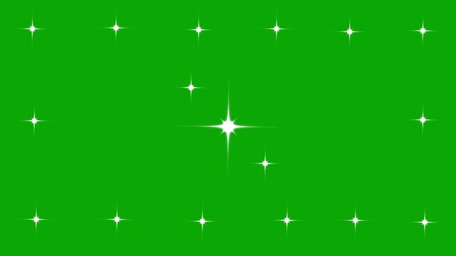 Glowing white sparkle stars animation, twinkling cartoon stars, shiny glitter burst particles, blinking light effect, flat vector star shine motion, green screen background animation
