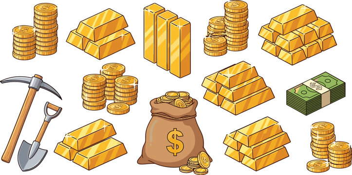 Gold bars coins money bag and mining tools collection wealth finance vector illustration set isolated on white background