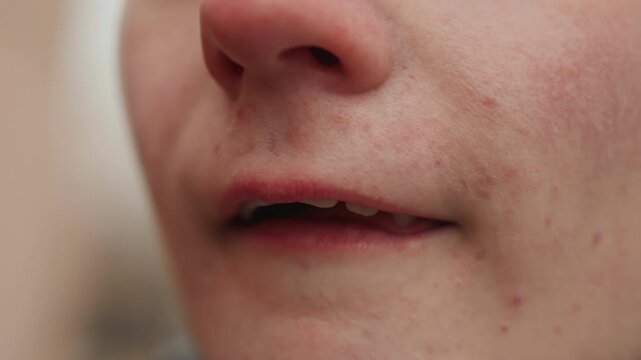 White creator expressive lip micro moments, voice actor rehearsal and silent storyteller, subtle tongue and lip movements, close mouth study revealing texture and emotion, candid urban backdrop, muted