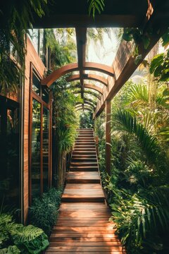 Lush green vertical garden pathway leading up wooden steps under a curved wooden arbor and bright sunlight filtering through leaves.