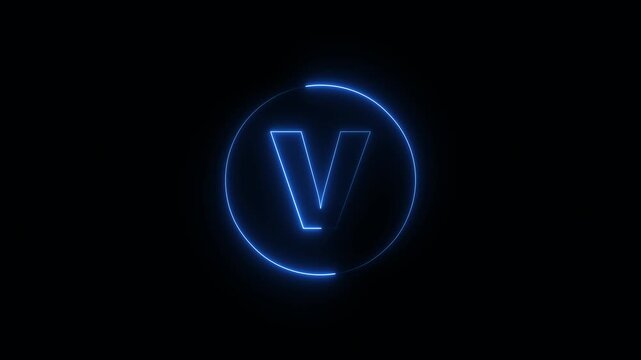 Blue neon lowercase letter v with glowing circular outline forming sharp alphabet typography character in minimal digital style on dark background 4K black background visuals