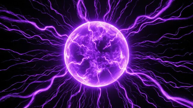 Abstract purple energy ball on black background, glowing sphere, plasma effect, energy concept, dark sphere.