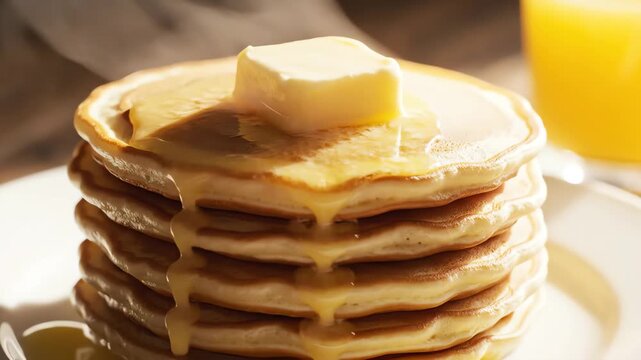 Stack of fluffy pancakes topped with melting butter and syrup on a white plate with a glass of orange juice in the background.