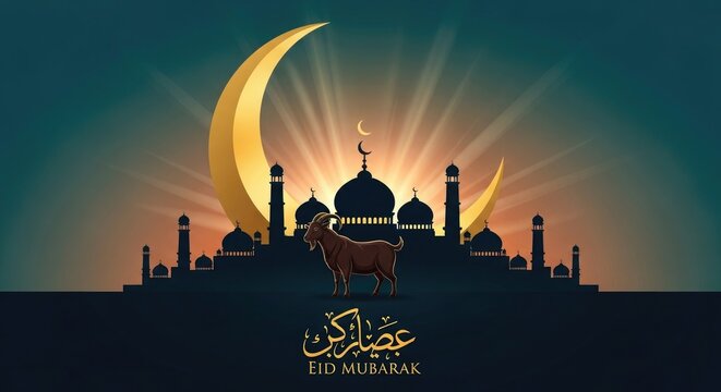 Eid al adha mubarak stunning crescent moon mosque illustration for a blessed festival celebration