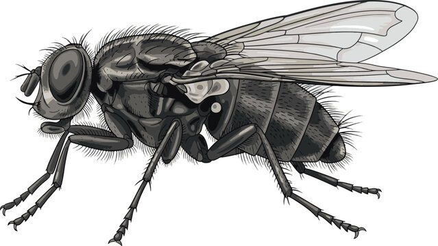 High-quality, scientifically accurate illustration of a common housefly (Musca domestica), showing anatomical details like compound eyes and wings, isolated on white.