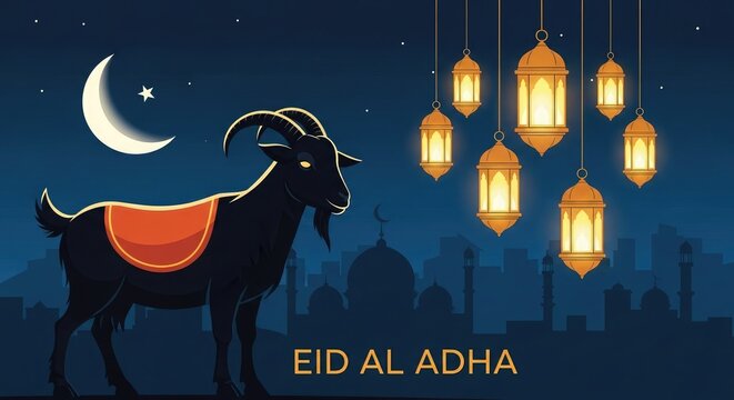 Eid al adha mubarak festive goat illustration with crescent moon and lanterns for a joyful celebration