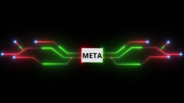 META file format icon with glowing red and green circuit lines illustrating metadata storage and digital information structure on dark background 4k visuals