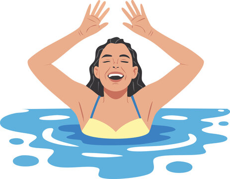 Happy Smiling Woman Swimming in Blue Water Summer Vacation and Relaxation Concept Vector Illustration
