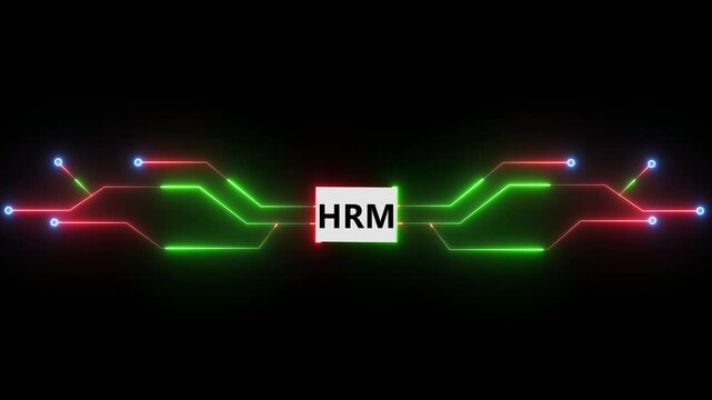 HRM file format icon with glowing red and green circuit lines illustrating human resource management data and digital system interface on dark background 4k visuals