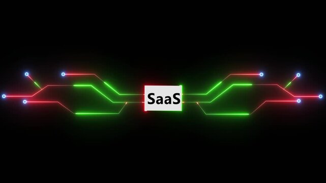 Cloud SaaS technology platform with glowing circuit connections representing software service system and digital interface on dark background 4K black background visuals