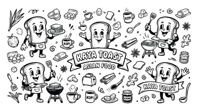 Vintage 1930s Retro Mascot Kaya Toast Southeast Asian Breakfast Illustration Set