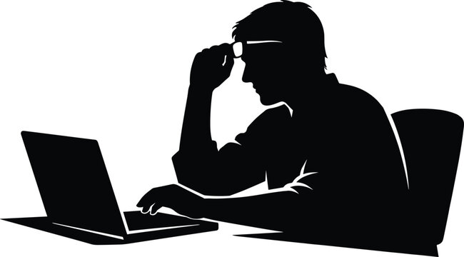 Black silhouette of stressed businessman working on laptop holding head isolated on white background overwork problem deadline pressure and fatigue concept