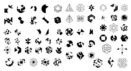 Obraz premium Geometric shapes set with black abstract icons and symbols featuring graphic resources, vector graphics, logo elements with graphic elements and