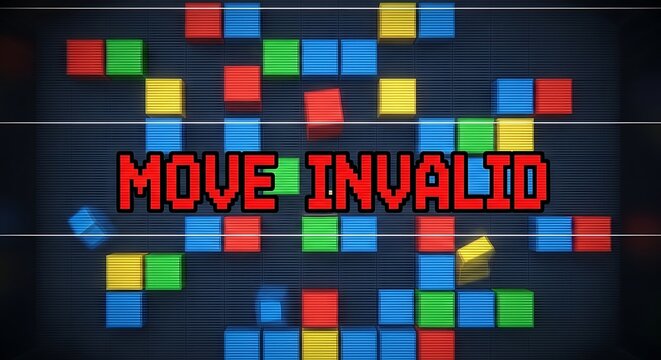 Colorful pixel blocks and red text 'move invalid' in a game context with strategy gameplay challenge computer.